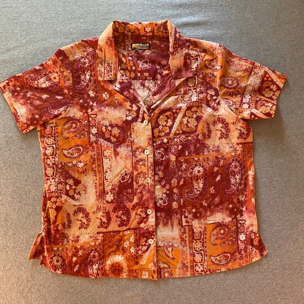 Havana Jacks Cafe Woman Tropical Paisley Patchwork Camp Shirt Orange Red XL